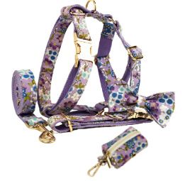 Purple And Wind Floral Dog Collar Hand Holding Rope Metal Bandana Bow Strap Out Shit Bag (Option: 5sets-XL)